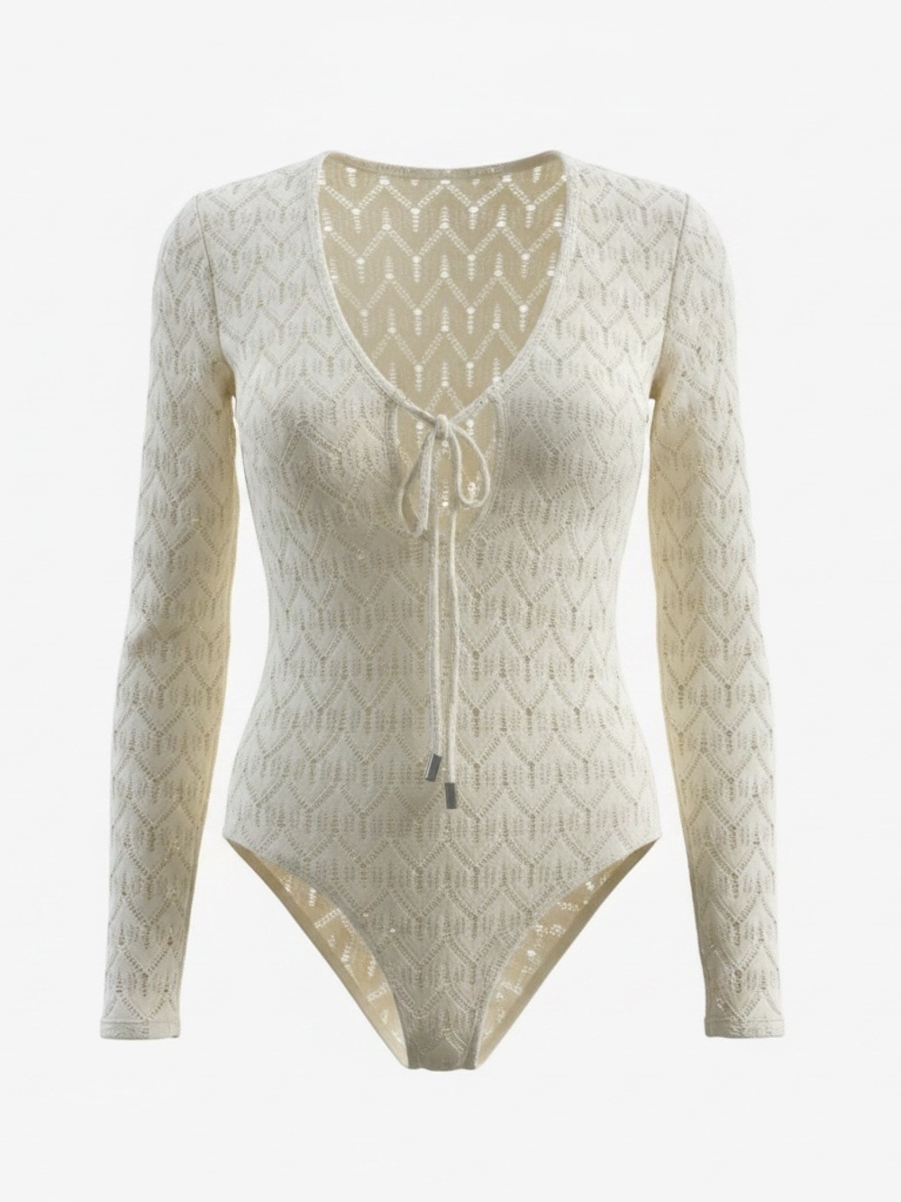 Jonathan Simkhai Cream Long-Sleeve Lace Bodysuit Swimsuit